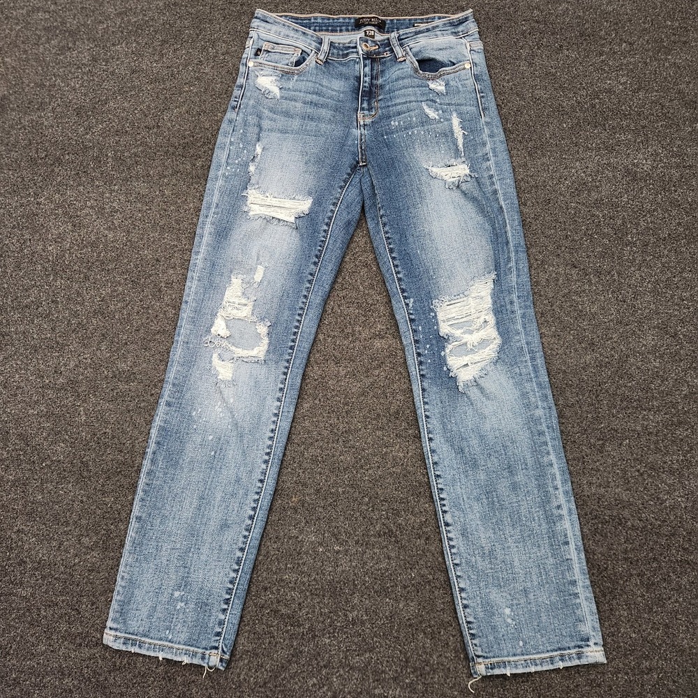 Judy Blue Womens 7|28 Light Wash Blue Distressed Boyfriend Jeans Grunge Frayed